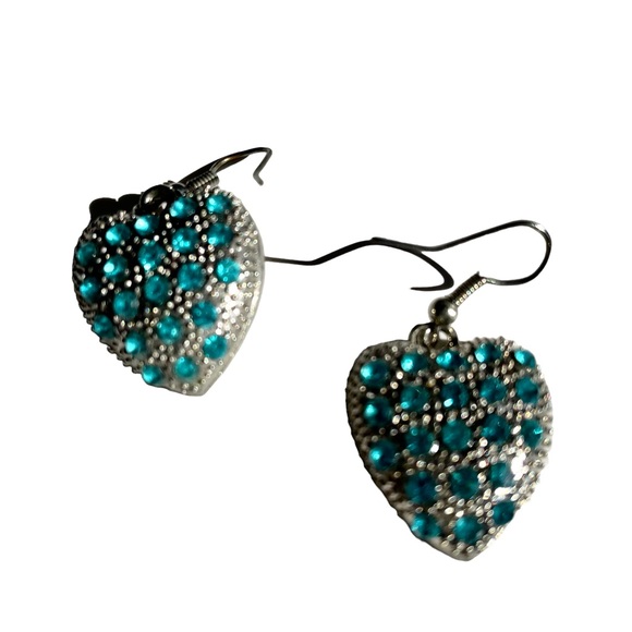 Vintage Silver-toned drop heart earrings with blue gems- OS - Picture 2 of 4